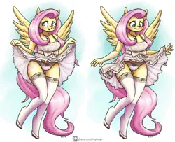 Size: 2800x2278 | Tagged: suggestive, artist:king-kakapo, derpibooru import, fluttershy, anthro, bat pony, pegasus, unguligrade anthro, blushing, breasts, busty fluttershy, cleavage, clothes, cute, dress, dress lift, embarrassed, female, flutterbat, gradient background, jewelry, lacy underwear, looking down, mare, necklace, open mouth, panties, pose, race swap, scrunchy face, shoes, shy, shyabetes, skirt, skirt lift, smiling, socks, solo, solo female, spread wings, stockings, thigh highs, underwear, wavy mouth, wide eyes, wings
