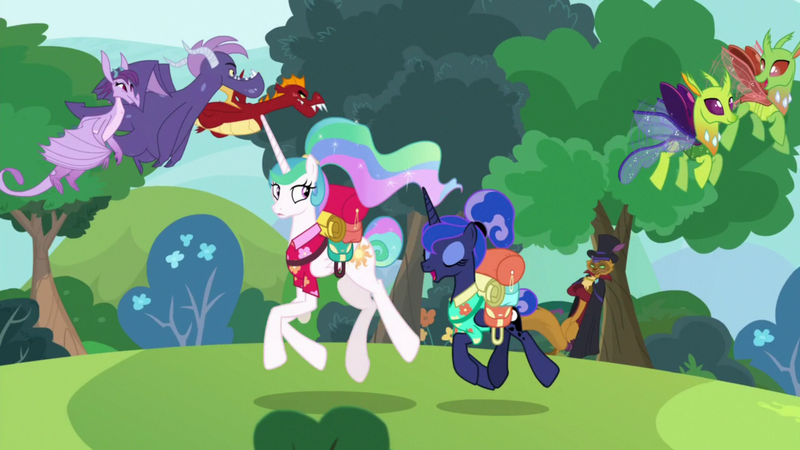 Size: 1920x1080 | Tagged: safe, derpibooru import, screencap, capper dapperpaws, garble, princess celestia, princess luna, prominence, vex, alicorn, anthro, cat, changedling, changeling, dragon, pony, between dark and dawn, my little pony: the movie, dragoness, female, male, mare, trotting