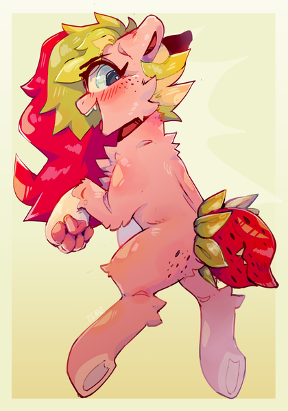 Size: 2100x3000 | Tagged: safe, artist:dino_horse, deleted from derpibooru, derpibooru import, oc, oc:sugar berry, diamond dog, earth pony, hybrid, original species, plant pony, augmented tail, butt freckles, chest fluff, fangs, female, food, freckles, looking at you, markings, multicolored hair, paw pads, paws, plant, smiling, solo, strawberry, tail mouth, toe beans, underhoof, underpaw