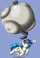 Size: 869x1280 | Tagged: safe, artist:necrofeline, derpibooru import, octavia melody, vinyl scratch, balloonie pony, earth pony, original species, pony, unicorn, eyes closed, floating, happy, helium inflation, inflation, mouth hold, simple background, string