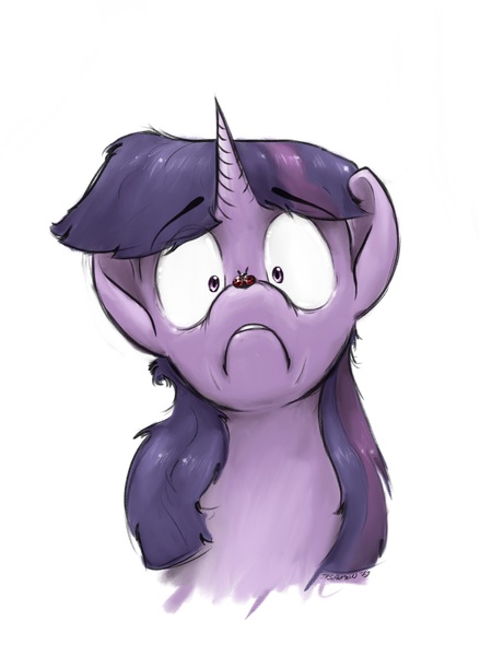 Size: 3000x4000 | Tagged: safe, artist:rigbyh00ves, derpibooru import, twilight sparkle, insect, ladybug, pony, bust, coccinellidaephobia, female, frown, insect on nose, mare, portrait, scared, shrunken pupils, simple background, solo, twilight hates ladybugs, white background