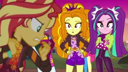 Size: 1920x1080 | Tagged: safe, derpibooru import, screencap, adagio dazzle, aria blaze, pinkie pie, sonata dusk, sunset shimmer, equestria girls, equestria girls series, sunset's backstage pass!, spoiler:eqg series (season 2), bracelet, clothes, female, geode of empathy, hands on hip, jacket, magical geodes, minidress, pigtails, raised eyebrow, shorts, spiked wristband, surprised, taco dress, the dazzlings, twintails, wristband