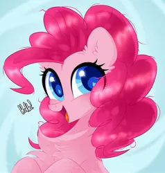 Size: 2121x2226 | Tagged: safe, artist:alyachan13, artist:justalyachan, derpibooru import, pinkie pie, earth pony, pony, bust, chest fluff, colored pupils, cute, diapinkes, ear fluff, eye clipping through hair, female, high res, mare, open mouth, portrait, solo