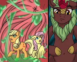 Size: 1000x800 | Tagged: safe, artist:noblebrony317, artist:noblebrony44, derpibooru import, applejack, cinder glow, fluttershy, summer flare, earth pony, kirin, pegasus, pony, belly button, comic, eaten alive, female, flutterprey, internal, mare, micro, peril, preyjack, stomach, stomach acid, vore