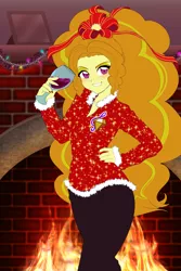 Size: 1360x2040 | Tagged: safe, artist:rileyav, derpibooru import, adagio dazzle, equestria girls, adoragio, alcohol, blushing, bow, christmas, christmas lights, clothes, cute, cutie mark, cutie mark on clothes, disguise, disguised siren, female, fire, fireplace, glass, hair bow, hand on hip, holiday, ribbon, smiling, solo, stupid sexy adagio dazzle, wine, wine glass