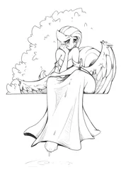 Size: 751x1100 | Tagged: anthro, artist:knightdd, bush, clothes, crying, derpibooru import, dress, female, fluttershy, grayscale, large wings, monochrome, pegasus, safe, sitting, sketch, solo, spread wings, unguligrade anthro, water, wings