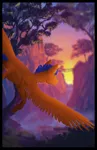 Size: 1395x2160 | Tagged: safe, artist:kassandravuds, derpibooru import, oc, oc:crushingvictory, unofficial characters only, pegasus, pony, bridge, ears up, male, solo, spread wings, stallion, sunset, tree, valley, wings