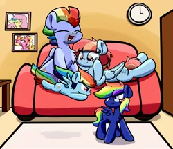 Size: 1920x1656 | Tagged: safe, artist:kimjoman, derpibooru import, bow hothoof, fluttershy, luster dawn, rainbow dash, windy whistles, oc, pegasus, pony, unicorn, secrets and pies, alternate universe, chest fluff, clock, colt, couch, evil pie hater blitz, evil pie hater dash, family, female, filly, male, mare, multicolored hair, picture frame, rainbow hair, rule 63, self paradox, self ponidox, shipping, stallion, straight, windyhoof