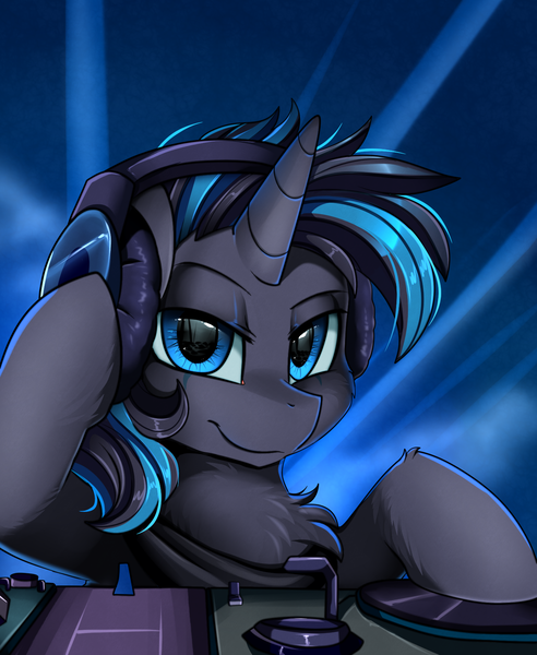 Size: 1446x1764 | Tagged: safe, artist:pridark, derpibooru import, oc, oc:blaze, pony, unicorn, blue eyes, bust, chest fluff, commission, looking at you, male, portrait, smiling, solo, turntable