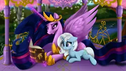 Size: 4800x2700 | Tagged: safe, artist:darksly, derpibooru import, princess twilight 2.0, twilight sparkle, twilight sparkle (alicorn), oc, oc:eula phi, alicorn, pony, unicorn, the last problem, absurd resolution, big crown thingy 2.0, book, commission, crying, cutie mark, female, gazebo, grass, hoof shoes, magic, mare, older, older twilight, open mouth, peytral, reward, river, scenery, spread wings, telekinesis, wings