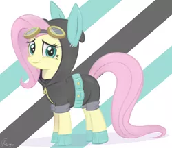 Size: 5249x4537 | Tagged: safe, artist:flutterstormreturns, derpibooru import, fluttershy, pony, abstract background, absurd resolution, bunny ears, clothes, costume, cute, dangerous mission outfit, female, goggles, hoodie, mare, shyabetes, solo