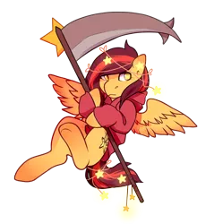 Size: 1258x1315 | Tagged: safe, artist:pomrawr, derpibooru import, oc, oc:stars, unofficial characters only, pegasus, pony, clothes, ethereal mane, hoodie, pegasus oc, scythe, simple background, solo, spread wings, starry mane, transparent background, underhoof, wings