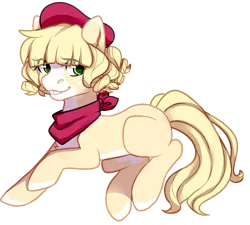 Size: 987x889 | Tagged: safe, artist:pomrawr, derpibooru import, oc, unofficial characters only, earth pony, pony, beret, earth pony oc, eye clipping through hair, hat, neckerchief, simple background, smiling, solo, transparent background