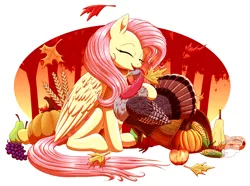Size: 1230x914 | Tagged: safe, artist:weirdofish, derpibooru import, fluttershy, bird, pegasus, pony, turkey, abstract background, apple, autumn, corn, cornucopia, cute, eyes closed, female, food, gourd, grape, holiday, leaf, leaves, mare, open mouth, pear, pumpkin, shyabetes, simple background, sitting, solo, thanksgiving, tree, wheat, white background
