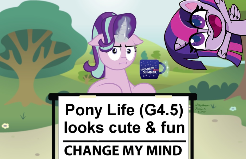 Size: 1024x662 | Tagged: safe, artist:aleximusprime, derpibooru import, edit, starlight glimmer, twilight sparkle, twilight sparkle (alicorn), alicorn, pony, unicorn, marks for effort, my little pony: pony life, :i, calarts, change my mind, coffee mug, crossing the memes, cute, drama, exploitable meme, female, floppy ears, i mean i see, looking at you, magic, mare, meme, mug, op has an opinion, pony life drama, solo, steven crowder, telekinesis, tree