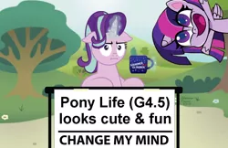 Size: 1024x662 | Tagged: safe, artist:aleximusprime, derpibooru import, edit, starlight glimmer, twilight sparkle, twilight sparkle (alicorn), alicorn, pony, unicorn, marks for effort, my little pony: pony life, :i, calarts, change my mind, coffee mug, crossing the memes, cute, drama, exploitable meme, female, floppy ears, i mean i see, looking at you, magic, mare, meme, mug, op has an opinion, pony life drama, solo, steven crowder, telekinesis, tree