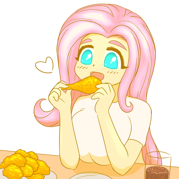 Size: 2508x2508 | Tagged: safe, artist:sigpi, derpibooru import, fluttershy, bat pony, equestria girls, adorasexy, big breasts, breast rest, breasts, busty fluttershy, chicken meat, clothes, cute, digital art, drumstick, eating, female, flutterbat, food, fried chicken, meat, no pupils, race swap, sexy, shyabetes, smiling, solo