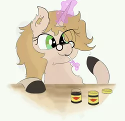 Size: 1062x1027 | Tagged: safe, artist:poniesmine, derpibooru import, oc, oc:embroidered equations, unofficial characters only, pony, unicorn, chest fluff, colored hooves, cute, desk, female, glasses, halfbody, magic, mare, muzzle, spoon, vegemite