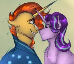 Size: 2447x2094 | Tagged: safe, artist:anxiousshadowpetals, derpibooru import, starlight glimmer, sunburst, pony, unicorn, female, grin, horn, horns are touching, looking at each other, male, shipping, smiling, starburst, straight