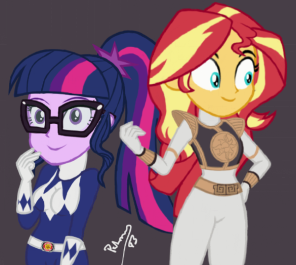 Size: 602x540 | Tagged: safe, artist:pabrony83, derpibooru import, sci-twi, sunset shimmer, twilight sparkle, human, equestria girls, blue ranger, crossover, cutie mark, female, glasses, gosei sentai dairanger, kibaranger, kyōryū sentai zyuranger, mighty morphin power rangers, ponytail, power rangers, smiling, super sentai, white ranger