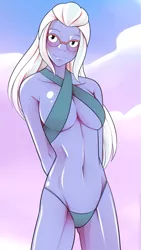 Size: 651x1157 | Tagged: suggestive, artist:marik azemus34, derpibooru import, edit, sugarcoat, equestria girls, alternate hairstyle, belly button, bikini, blushing, bocas top, breasts, busty sugarcoat, clothes, cloud, cropped, hands behind back, looking at you, loose hair, outdoors, sexy, sky, smiling, solo, stupid sexy sugarcoat, swimsuit