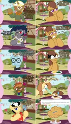 Size: 2300x4010 | Tagged: safe, artist:ladyanidraws, derpibooru import, button mash, mr. waddle, trenderhoof, oc, oc:cream heart, oc:marigold, earth pony, fly, insect, pegasus, pony, unicorn, ask pun, ask, bubble wand, comic, corn, food, muffin, speed dating, tumblr, x eyes