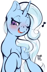 Size: 958x1471 | Tagged: safe, artist:tohupo, derpibooru import, trixie, pony, unicorn, blushing, female, mare, one eye closed, one hoof raised, simple background, singing, smiling, solo, white background