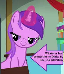 Size: 513x594 | Tagged: safe, derpibooru import, edit, edited screencap, screencap, amethyst star, pony, unicorn, best gift ever, arrow, awwmethyst star, background pony, captain obvious, cropped, cute, female, glowing horn, hearth's warming eve, horn, implied dinky, magic, magic aura, mare, present, solo, text