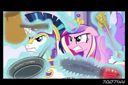 Size: 1288x858 | Tagged: safe, derpibooru import, edit, edited screencap, editor:teren rogriss, screencap, princess cadance, shining armor, alicorn, pony, unicorn, the beginning of the end, chainsaw, crystal empire, cyrillic, frying pan, gritted teeth, magic, mallet, russian, scepter, telekinesis, this will end in pain, translated in the description, twilight scepter