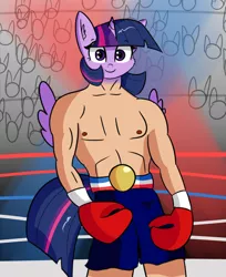 Size: 1960x2398 | Tagged: alicorn, anthro, artist:artiks, bipedal, boxing, boxing gloves, boxing shorts, championship belt, derpibooru import, looking at you, not salmon, rocky balboa, safe, solo, sports, twilight sparkle, twilight sparkle (alicorn), wat, why