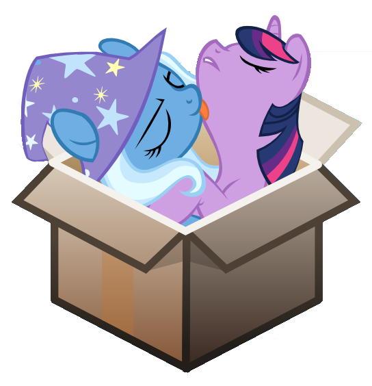 Size: 544x564 | Tagged: safe, artist:blackfeathr, artist:misteraibo, derpibooru import, trixie, twilight sparkle, pony, behaving like a cat, box, cropped, female, lesbian, licking, pony in a box, shipping, simple background, tongue out, transparent background, twixie, vector