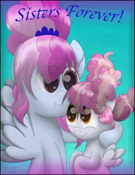 Size: 786x1017 | Tagged: safe, artist:thevintagepone, derpibooru import, cotton puff, cotton sky, pegasus, pony, background pony, duo, female, filly, hoof on shoulder, mare, siblings, sisters, smiling, wings