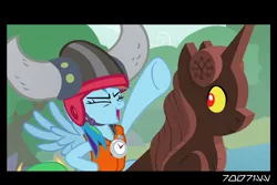 Size: 1288x858 | Tagged: safe, derpibooru import, edit, edited screencap, editor:teren rogriss, screencap, discord, rainbow dash, pegasus, pony, non-compete clause, boat, bow, canoe, chaos star, comic, helmet, horned helmet, lifejacket, screencap comic, stopwatch, this will end in property damage