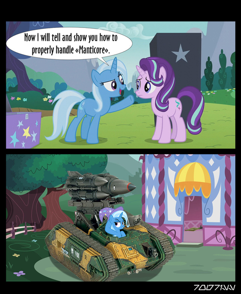 Size: 640x781 | Tagged: safe, derpibooru import, edit, edited screencap, editor:teren rogriss, screencap, starlight glimmer, trixie, pony, unicorn, no second prances, clothes, comic, deathstrike missile launcher, hat, military vehicle, missile launcher, ponyville, screencap comic, trixie's hat, vehicle, warhammer (game), warhammer 40k