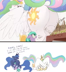Size: 1500x1626 | Tagged: safe, artist:raps, derpibooru import, aura (character), princess celestia, princess luna, alicorn, earth pony, pony, accident, butt, butt crush, butt destruction, comic, cowering, crying, destruction, dialogue, digital art, double facewing, embarrassed, facewing, female, filly, floppy ears, frown, glare, grumpy, hiding, hiding behind wing, horrified, hug, looking back, mare, nose wrinkle, open mouth, plot, prone, raised hoof, raised tail, royal sisters, simple background, spread wings, squishy cheeks, sunbutt, table, tail, the ass was fat, toothpick, white background, wide eyes, wing fluff, winghug, wings