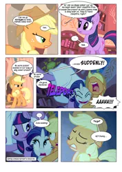 Size: 868x1228 | Tagged: applejack, artist:dziadek1990, comic, comic:sunny day, conversation, derpibooru import, dialogue, dungeons and dragons, edit, edited screencap, fear wetting, golden oaks library, jumpscare, library, look before you sleep, narration, pen and paper rpg, pissing, rarity, rpg, safe, scared, screaming, screencap, screencap comic, slice of life, tabletop game, text, twilight sparkle, urine