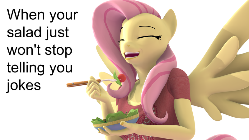 Size: 3840x2160 | Tagged: 3d, anthro, artist:anthroponiessfm, derpibooru import, eyes closed, female, fluttershy, food, herbivore, laughing, meme, pegasus, ponies laughing with fruit salad, safe, salad, solo, source filmmaker, source needed, spread wings, stock image, wat, wings