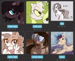 Size: 844x684 | Tagged: safe, artist:urpone, derpibooru import, oc, oc:coffee make, oc:minty leaf, oc:taylor, oc:yellow sight, unofficial characters only, earth pony, pegasus, pony, unicorn, adoptable, base used, character, clothes, glasses, sale, scarf, selling