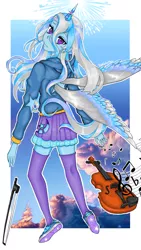 Size: 1189x2106 | Tagged: safe, artist:starwantrix, derpibooru import, trixie, alicorn, human, fanfic:it takes a while, equestria girls, clothes, horn, horned humanization, humanized, musical instrument, notes, princess, shoes, signature, sky, sneakers, socks, thigh highs, violin, wings