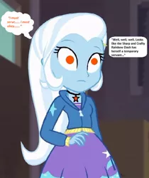 Size: 543x647 | Tagged: safe, derpibooru import, edit, edited screencap, editor:thomasfan45, screencap, trixie, equestria girls, equestria girls series, rarity investigates: the case of the bedazzled boot, 1000 hours in ms paint, blank expression, clothes, cropped, cute, diatrixes, enslaved, hoodie, implied rainbow dash, jacket, jewelry, mind control, necklace, obey, offscreen character, request, skirt, solo, speech bubble, story included, thought bubble