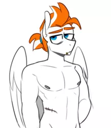 Size: 479x549 | Tagged: anthro, artist:redxbacon, clothes, derpibooru import, male, nudity, oc, oc:clear solution, partial nudity, pegasus, solo, solo male, suggestive, topless, unofficial characters only