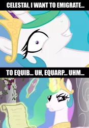 Size: 600x855 | Tagged: source needed, safe, derpibooru import, edit, edited screencap, screencap, princess celestia, oc, oc:celestai, pony, fanfic:friendship is optimal, the crystal empire, celestia is not amused, meme, speech impediment, this will end in death, this will end in tears, this will end in tears and/or death, unamused