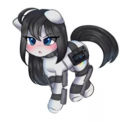 Size: 1668x1612 | Tagged: safe, artist:angelbeat-drift, derpibooru import, oc, oc:milly croft, pony, angry, blushing, exosuit, female, grumpy, heart monitor, looking at you, mare, neck brace, simple background, straps, upset, walking