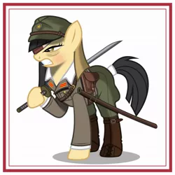 Size: 1024x1024 | Tagged: safe, artist:brony-works, derpibooru import, earth pony, pony, bandage, blood, clothes, eyepatch, female, imperial japan, imperial japanese army, katana, mare, simple background, solo, sword, uniform, weapon, white background, world war ii