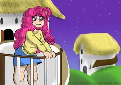 Size: 8000x5600 | Tagged: artist:kackysocks, balcony, building, clothes, derpibooru import, grass, human, humanized, miniskirt, pinkie pie, plump, safe, skirt, smiling, stars, sweater