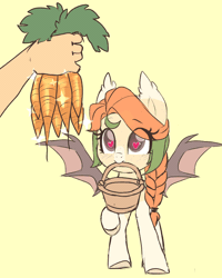 Size: 880x1100 | Tagged: safe, artist:angelbeat-drift, derpibooru import, oc, oc:autumn harvest, unofficial characters only, bat pony, human, pony, animated, basket, bat pony oc, bat wings, braid, carrot, colored pupils, cute, ear tufts, excited, eye shimmer, eyes on the prize, female, food, gif, hand, happy, heart eyes, herbivore, holding, horses doing horse things, mare, mouth hold, nom, ocbetes, offscreen character, offscreen human, raised hoof, simple background, smiling, solo focus, sparkles, spread wings, stomping, tan background, wingding eyes, wings, yellow background