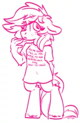 Size: 1620x2500 | Tagged: suggestive, artist:spoopygander, derpibooru import, oc, oc:elli, anthro, unguligrade anthro, arson murder and jaywalking, blushing, clothes, ear fluff, female, floppy ears, mare, shirt, solo, text, unshorn fetlocks