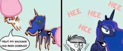 Size: 1818x765 | Tagged: safe, artist:magerblutooth, derpibooru import, pinkie pie, pipsqueak, princess luna, alicorn, earth pony, pony, acting, colt, comic, cookie, cropped, female, food, grumpy luna, heterochromia, laughing, male, mare, offscreen character, pointy ponies, scarred for life, speech bubble, text, unamused, white eyes