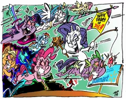Size: 1280x1008 | Tagged: safe, artist:grotezco, derpibooru import, applejack, fluttershy, pinkie pie, princess celestia, rainbow dash, rarity, spike, twilight sparkle, twilight sparkle (alicorn), alicorn, dragon, assault, axe, battle axe, black friday, bomb, brass knuckles, charging, determined, dust cloud, evil grin, female, fishing rod, flying, gem, green background, grin, hammer, lance, mace, male, mane seven, mane six, missile, red eyes, riding, riding dragon, shield, simple background, smiling, spear, sword, this will not end well, tongue out, walmart, weapon