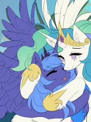 Size: 482x642 | Tagged: safe, artist:margony, derpibooru import, princess celestia, princess luna, alicorn, pony, friendship is magic, crown, eyes closed, female, hug, jewelry, mare, regalia, royal sisters, s1 luna, siblings, sisters, wip